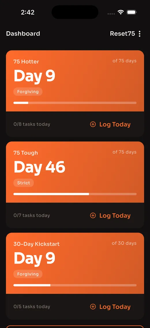 Reset75 dashboard showing multiple active challenges with progress bars and streak counters