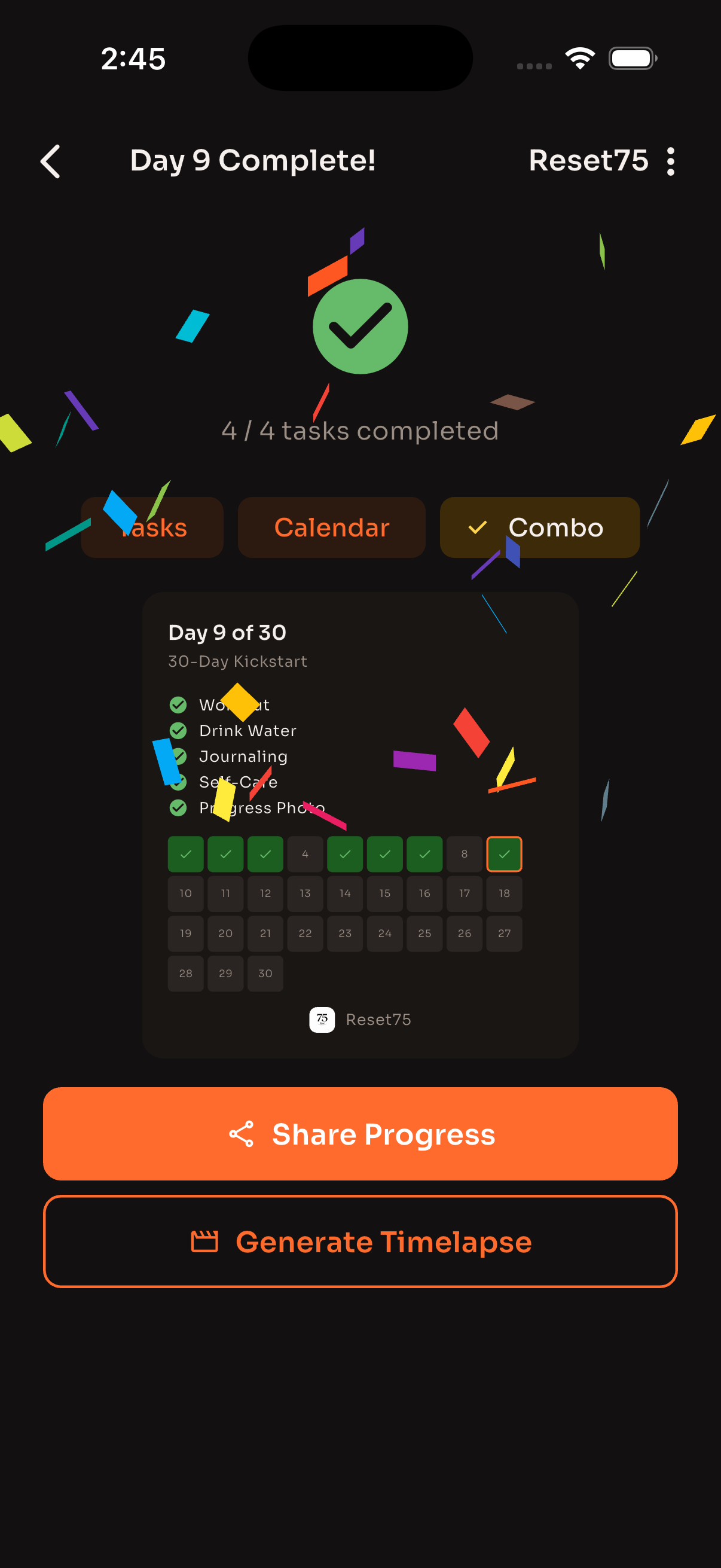 Reset75 celebration screen showing Day 9 Complete with confetti, calendar view, and sharing options