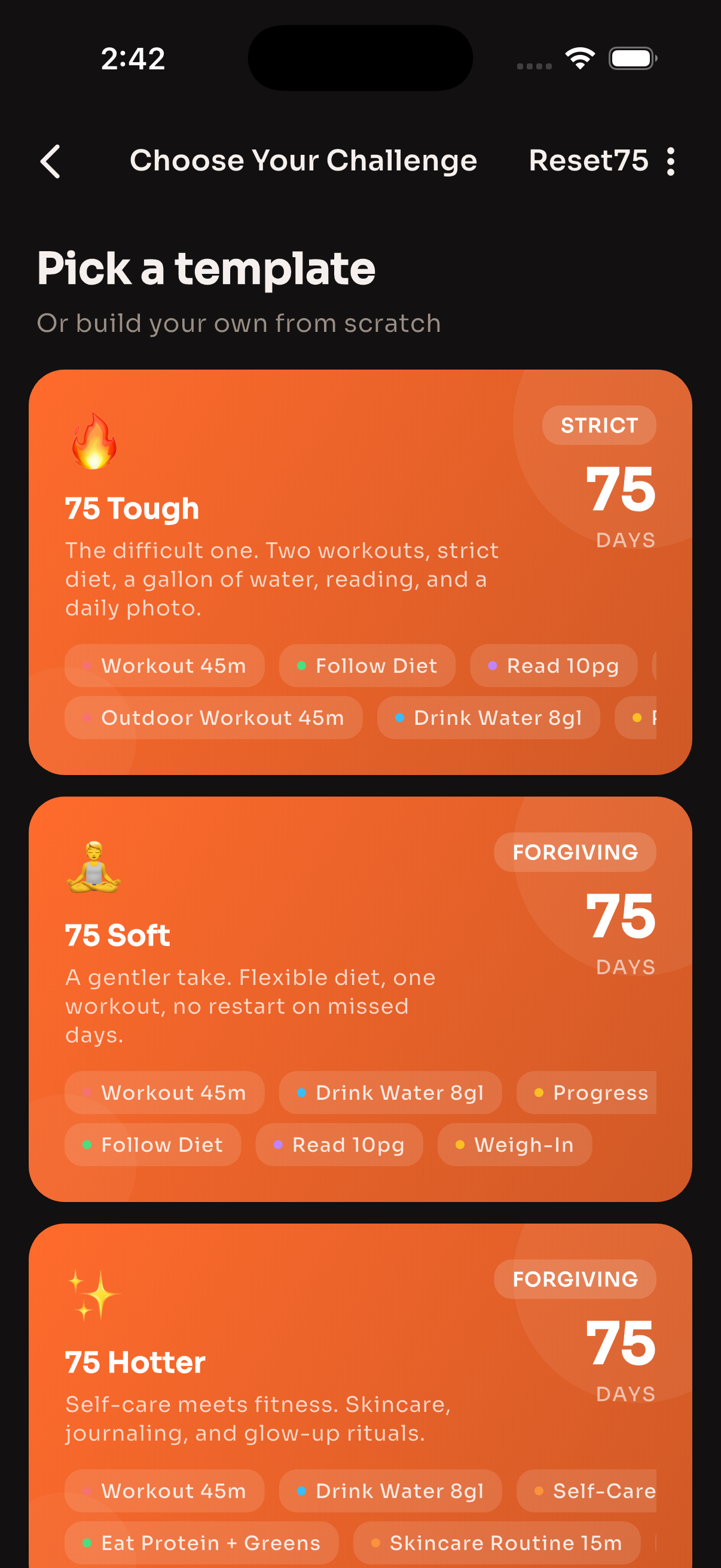 Reset75 statistics showing category breakdown and task progress percentages
